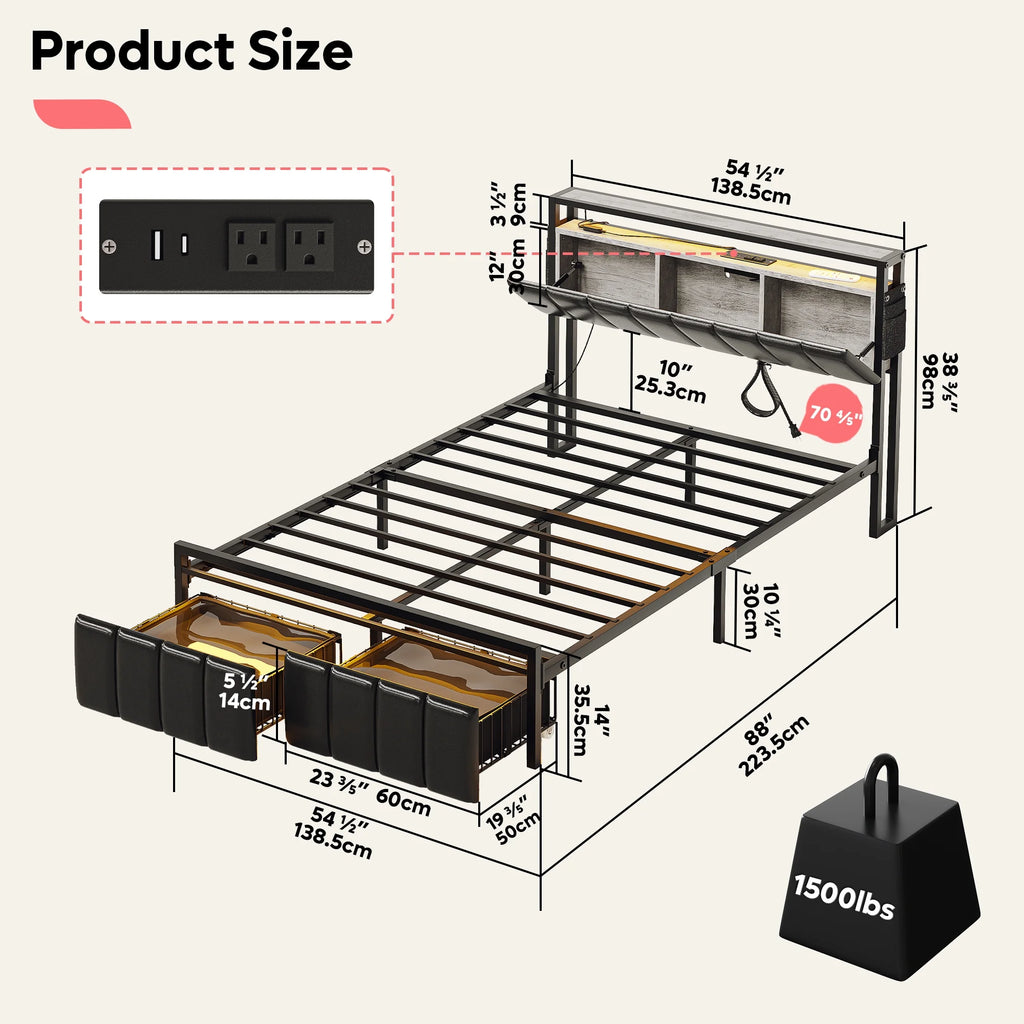 Queen Size Platform Bed Frame with Storage Headboard and 2 Drawers I62518