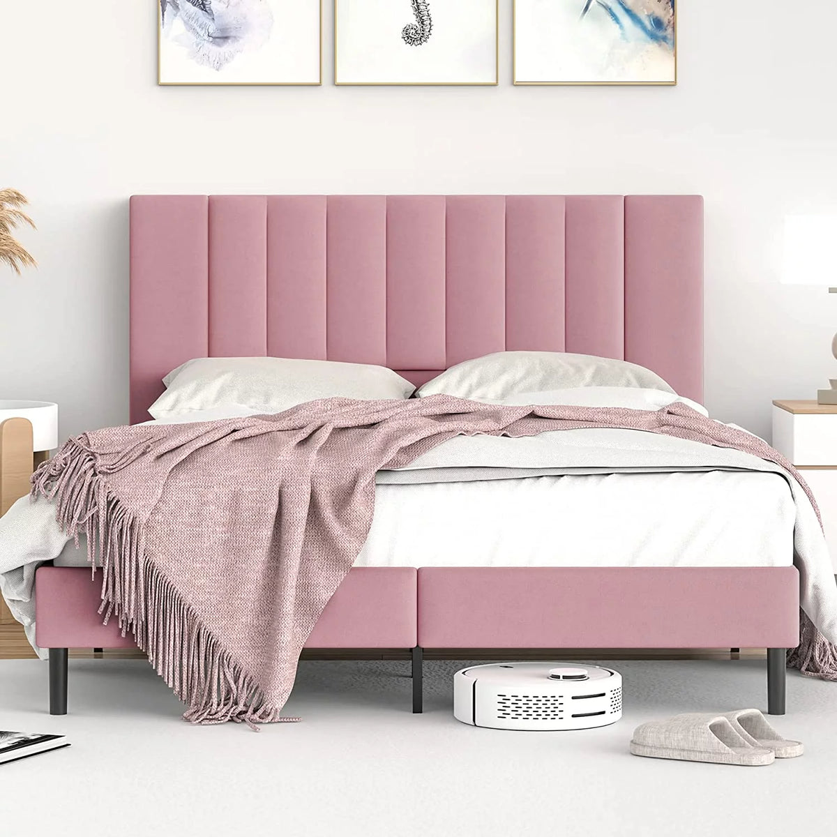 White Upholstered Full Size Bed Frame with High Headboard T47427