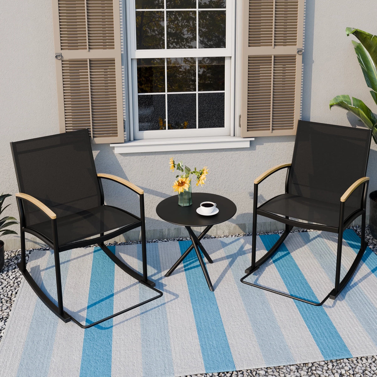 3 Pieces Patio Set Rocking Bistro Textilene Chair Black I3325