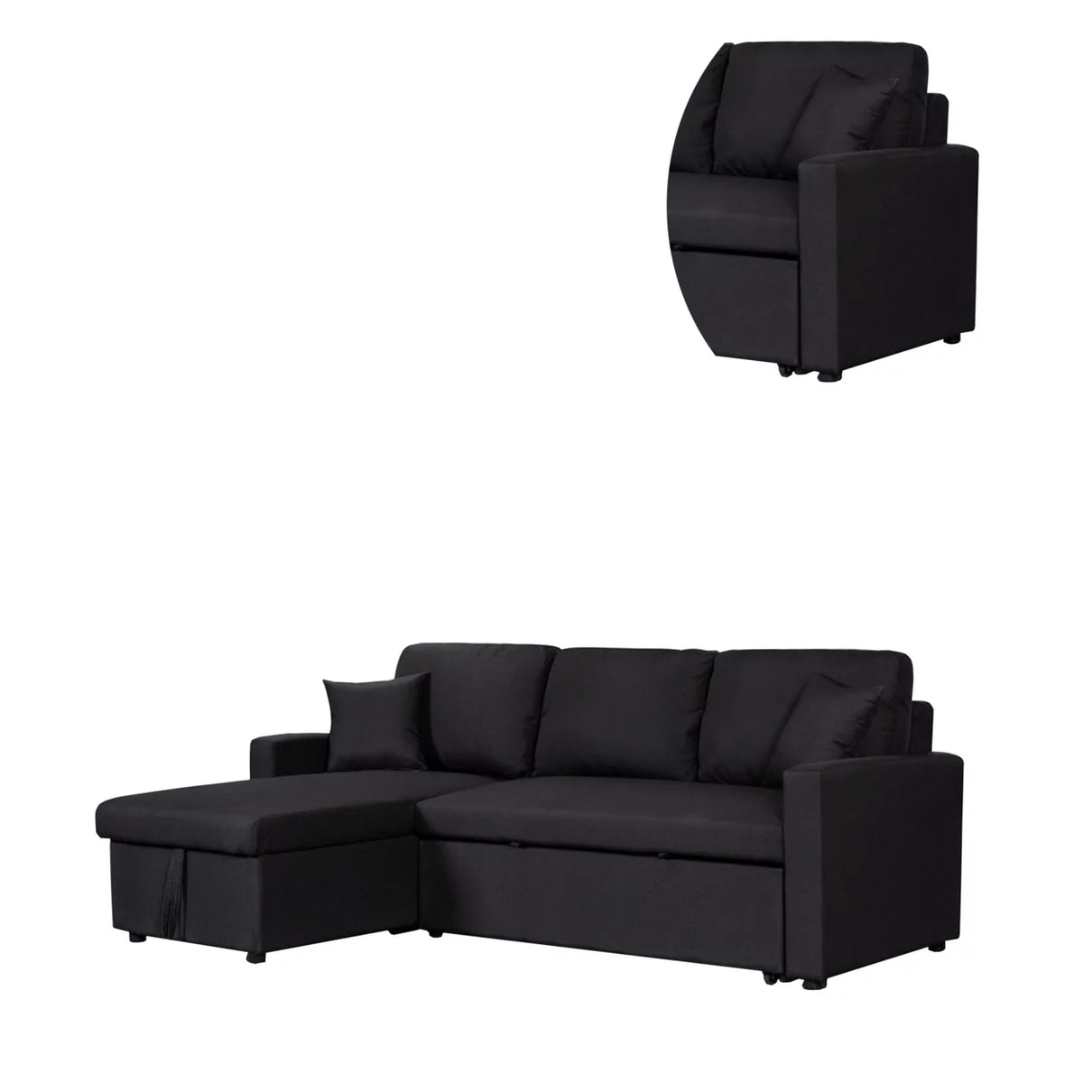 Black Sleeper Sectional Sofa Bed with Storage Chaise I67137
