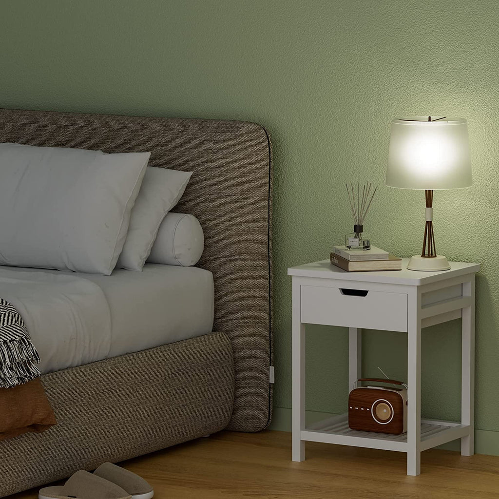 White Bamboo Nightstand with Drawer and Open Shelf H76431