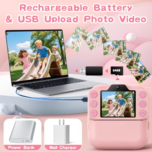 Instant Print Kids Camera 64GB SD Card Pink R639586