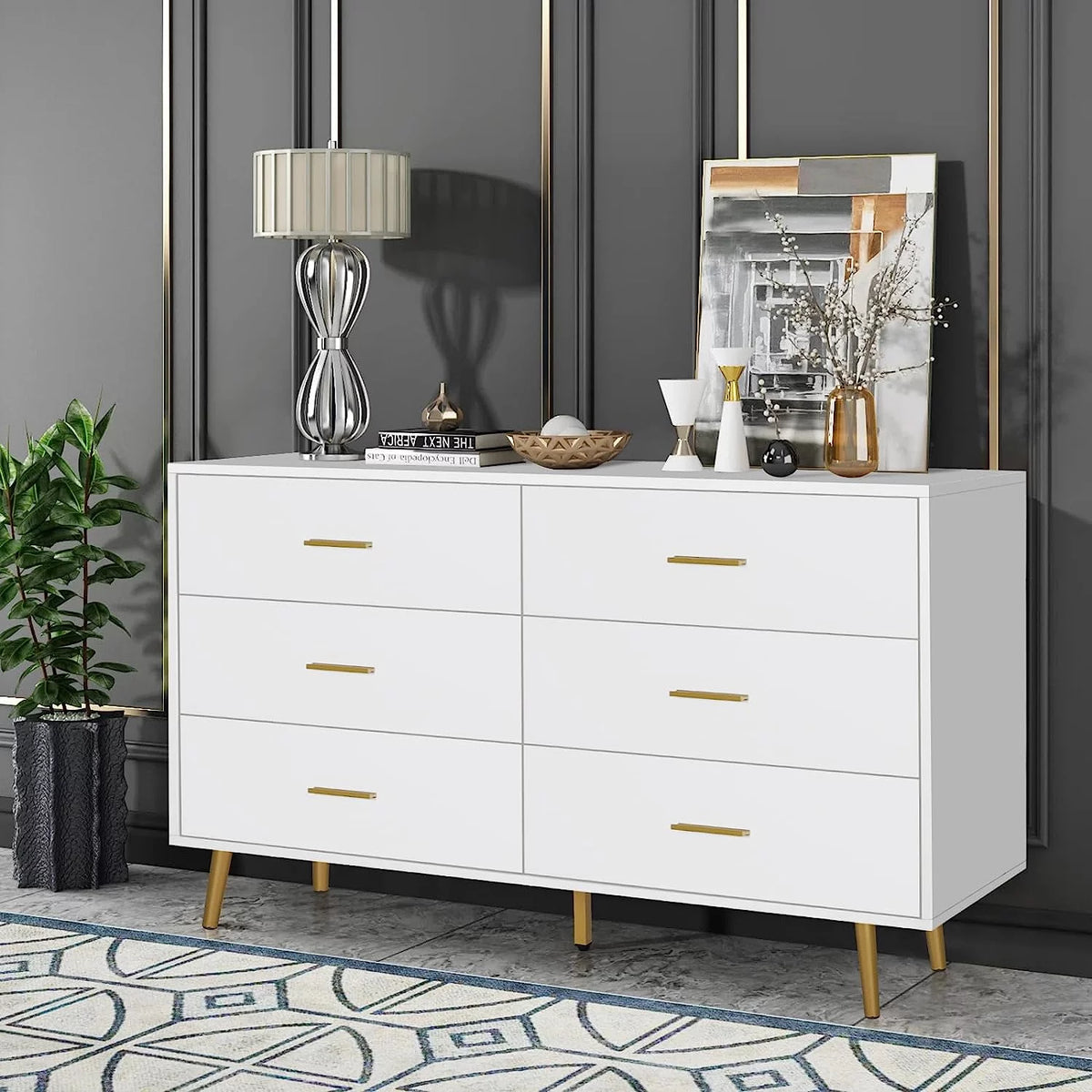 Wood 6 Drawer Dresser with Metal Handles C9261