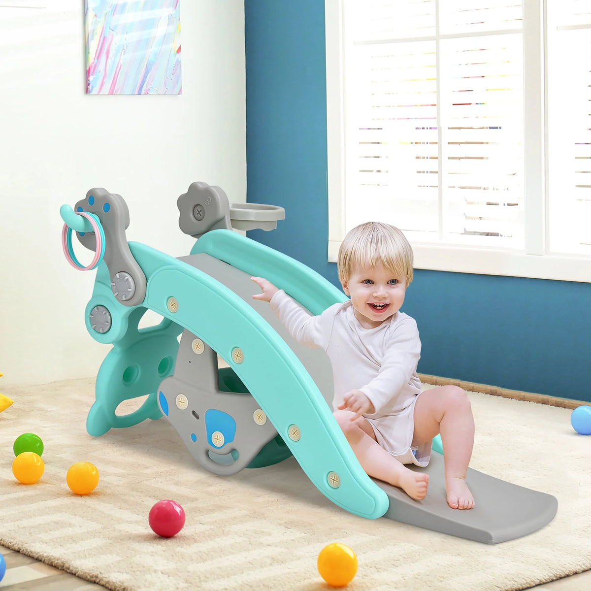 4-in-1 Toddler Slide Playset with Basketball Hoop J903