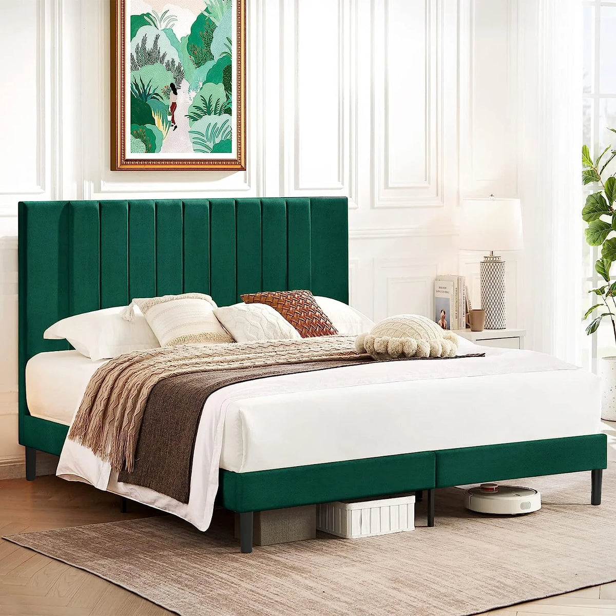 White Upholstered Full Size Bed Frame with High Headboard T47427