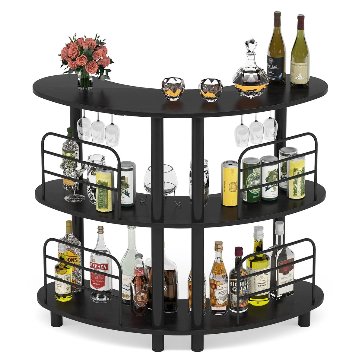 3 Tier Black Bar Cabinet with Storage Shelves E184