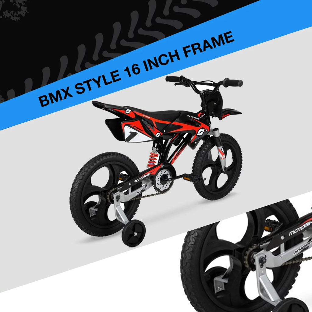 16 Kids Moto Bike with Training Wheels, Black/Red F681