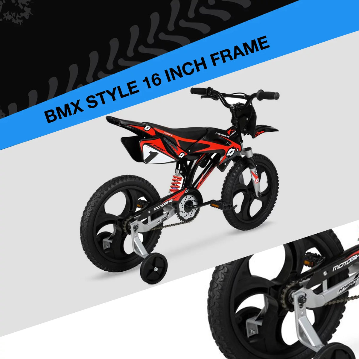 16 Kids Moto Bike with Training Wheels, Black/Red F681