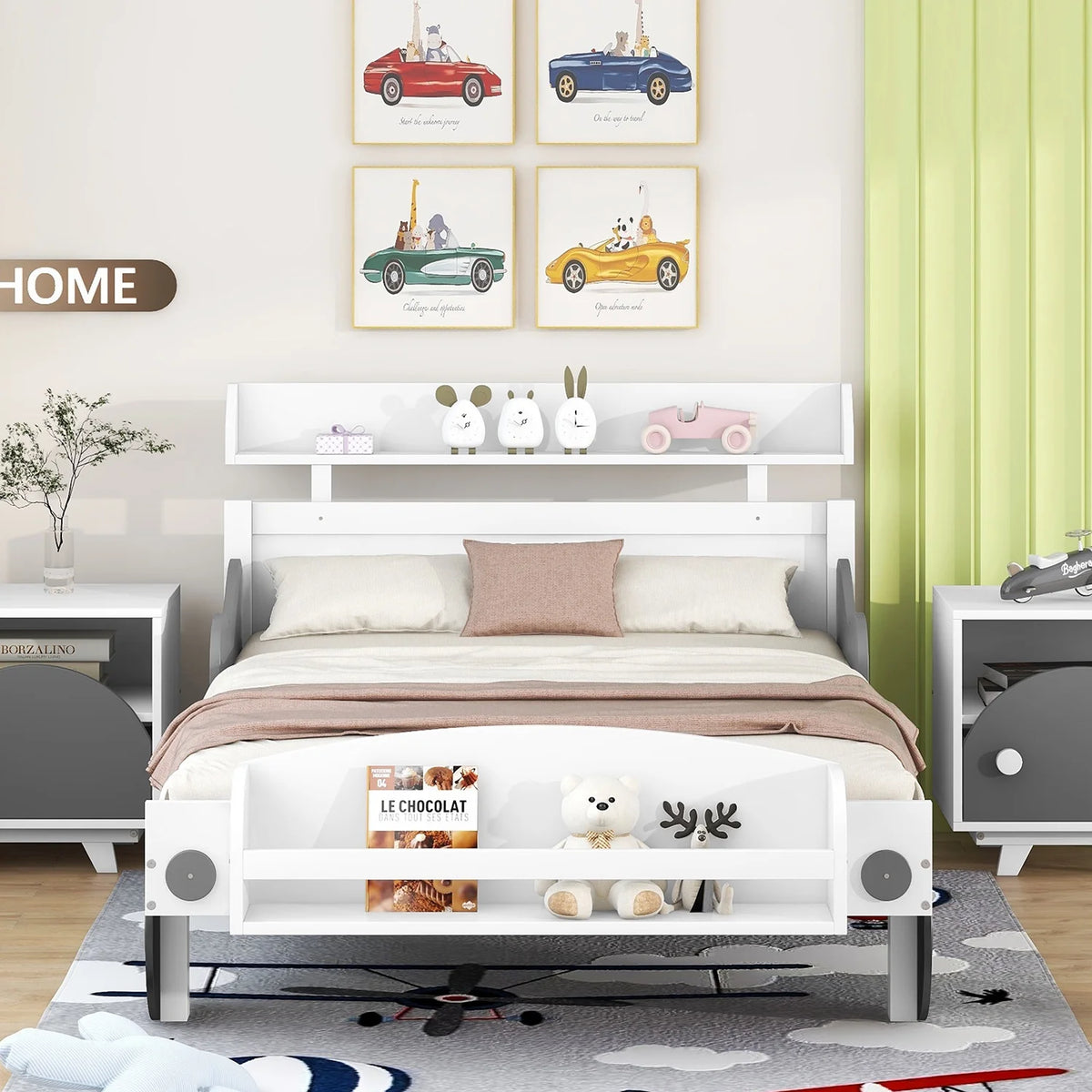 Twin Size Car-Shaped Platform Bed with Storage Shelf U1751