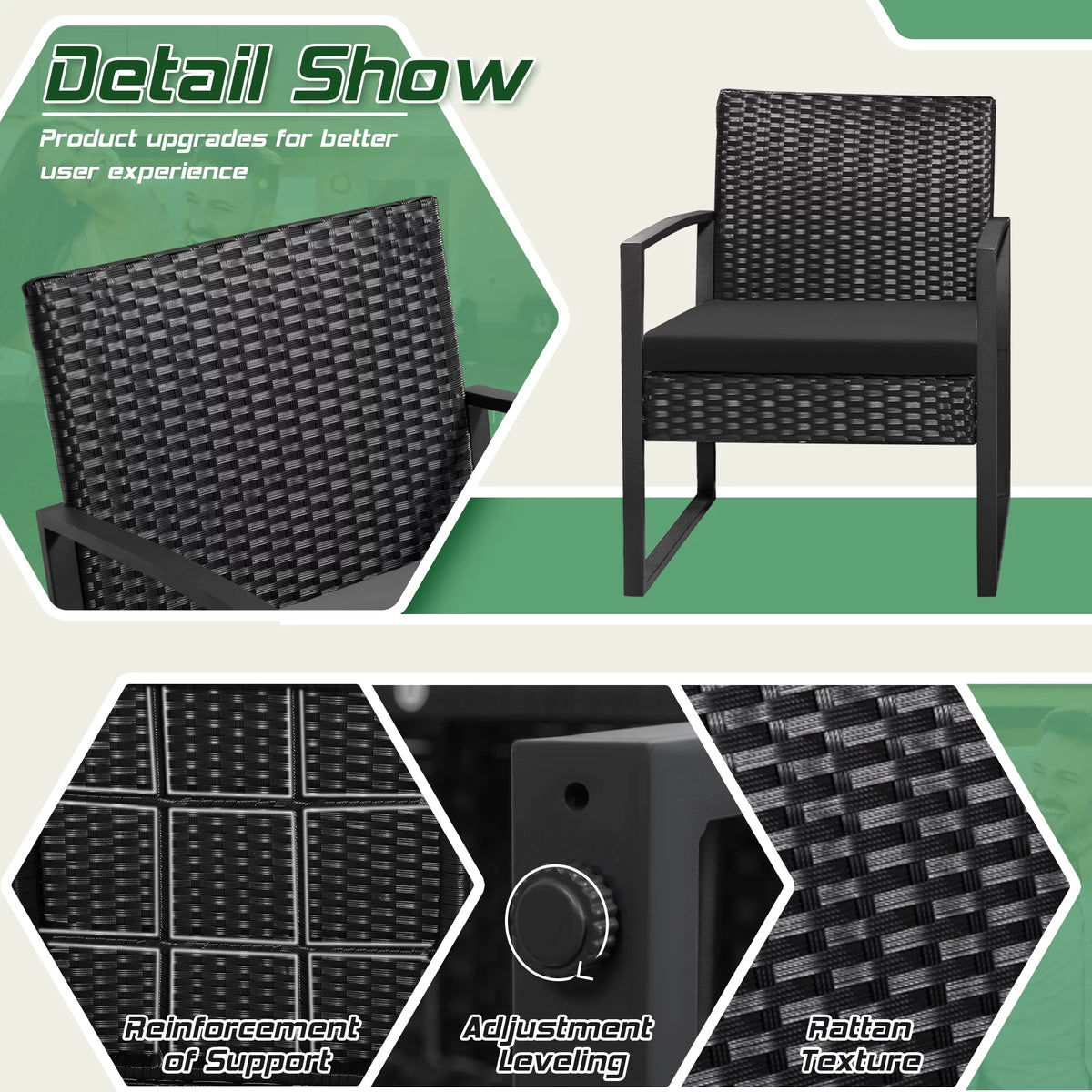 Black 3-Piece Wicker Bistro Chair Set with Coffee Table Y186