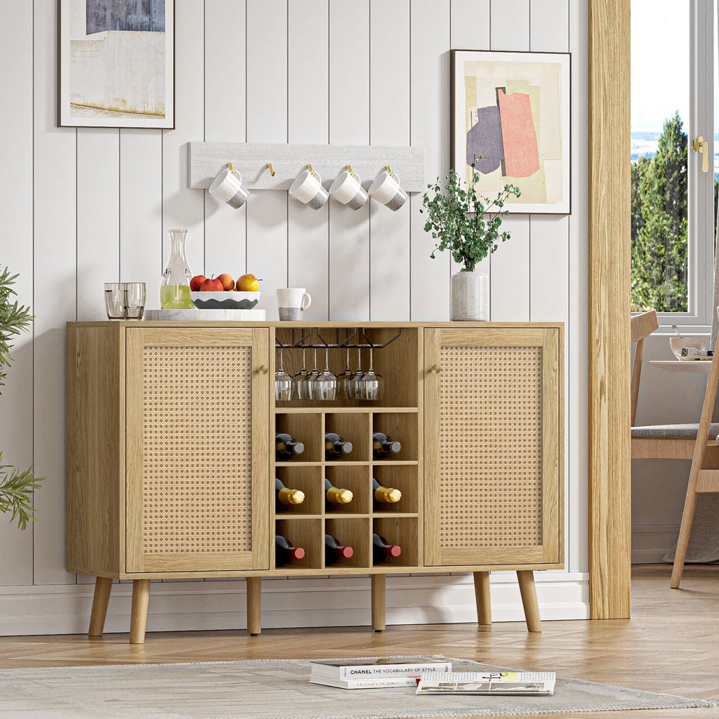 Oak Rattan Wine Bar Cabinet with Wine Rack and Glass Holder W714