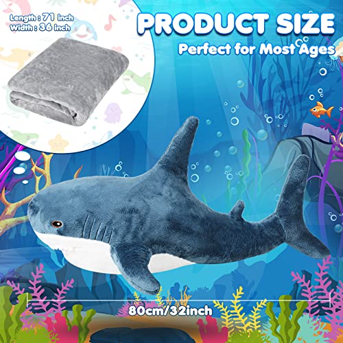 Dark Blue 2 in 1 Shark Plush Toy with Blanket 32 Inch O233