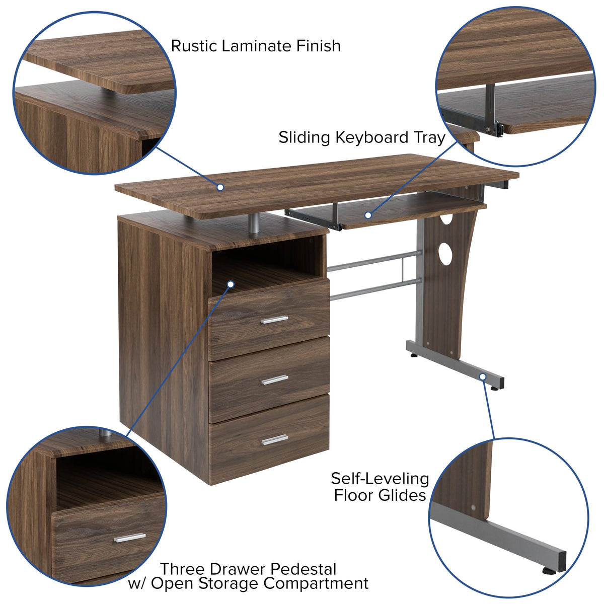 Rustic Walnut Desk with Three Drawer P831