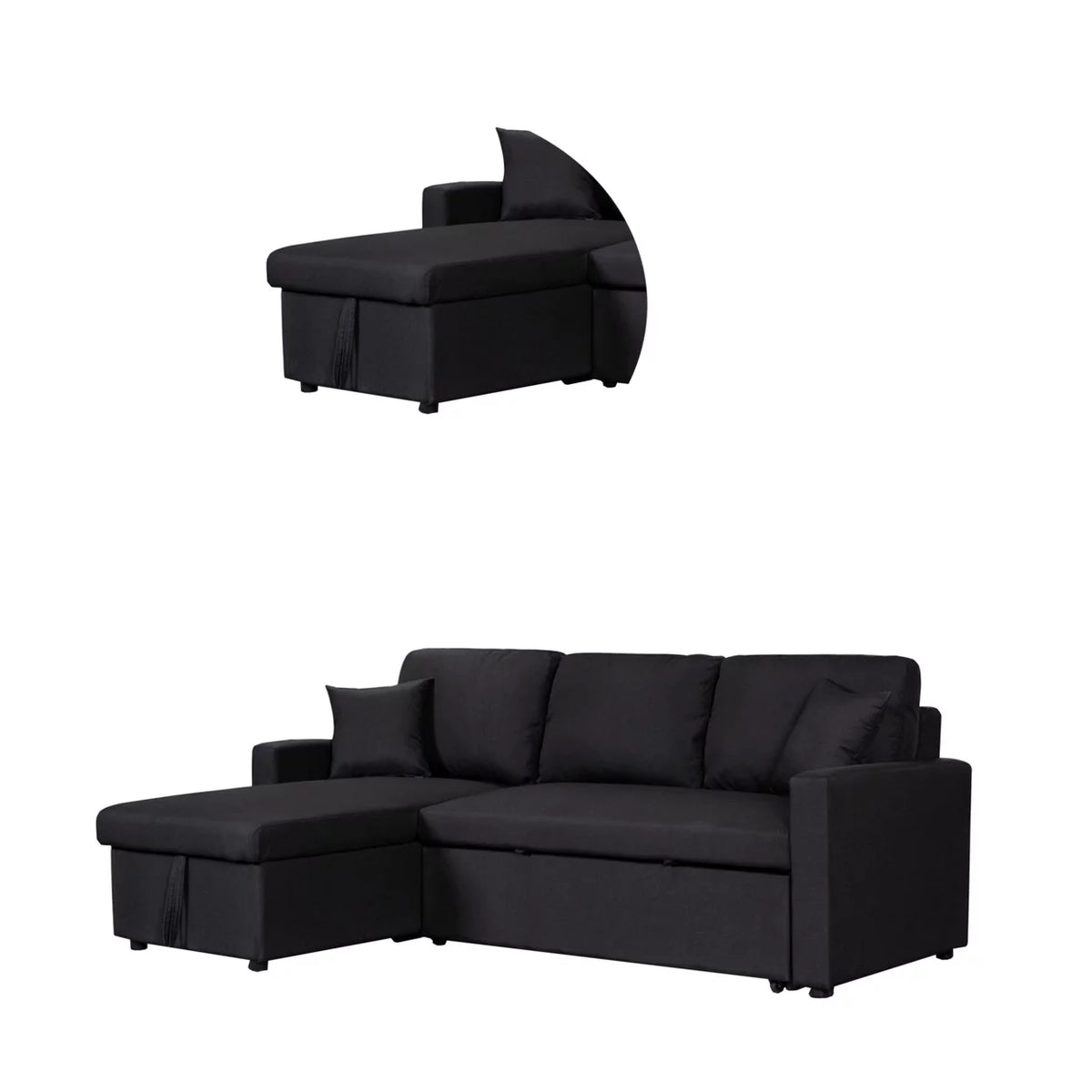 Black Sleeper Sectional Sofa Bed with Storage Chaise I67137