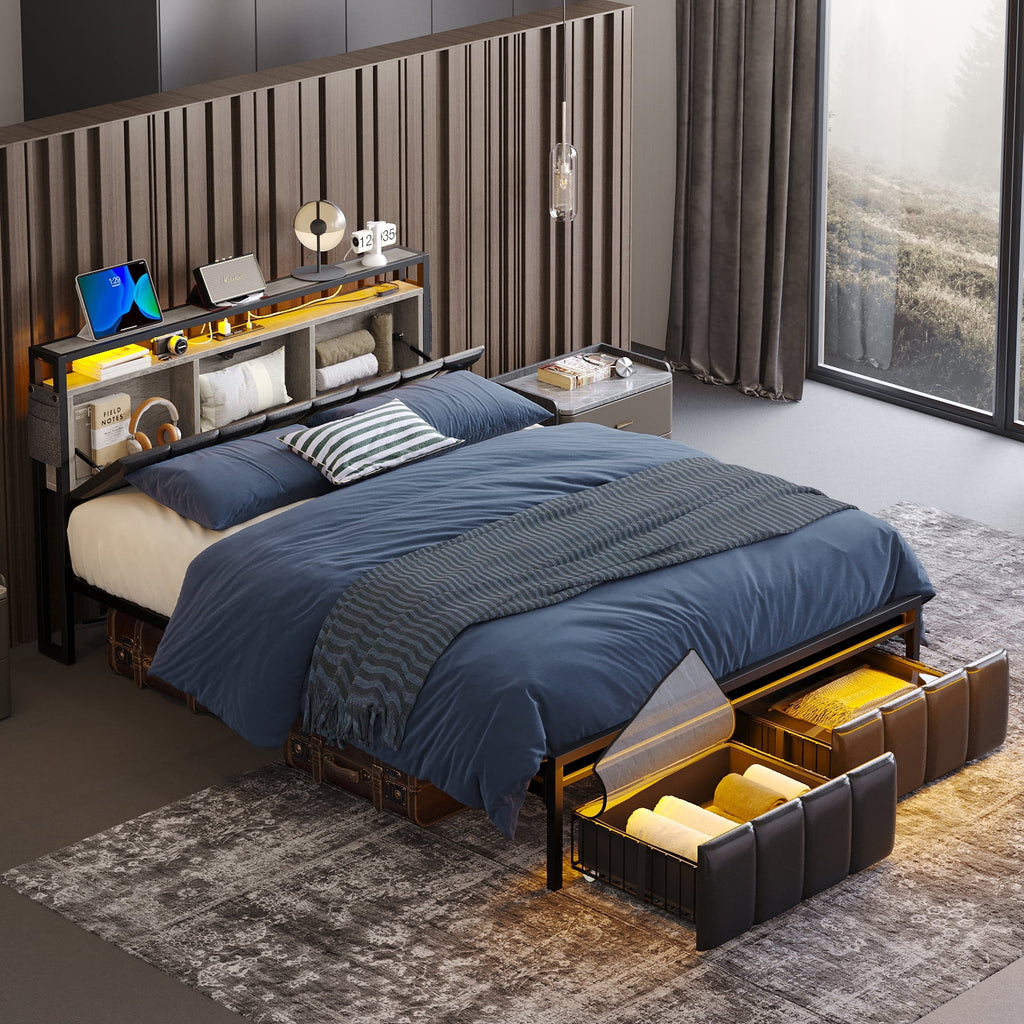 Queen Size Platform Bed Frame with Storage Headboard and 2 Drawers I62518