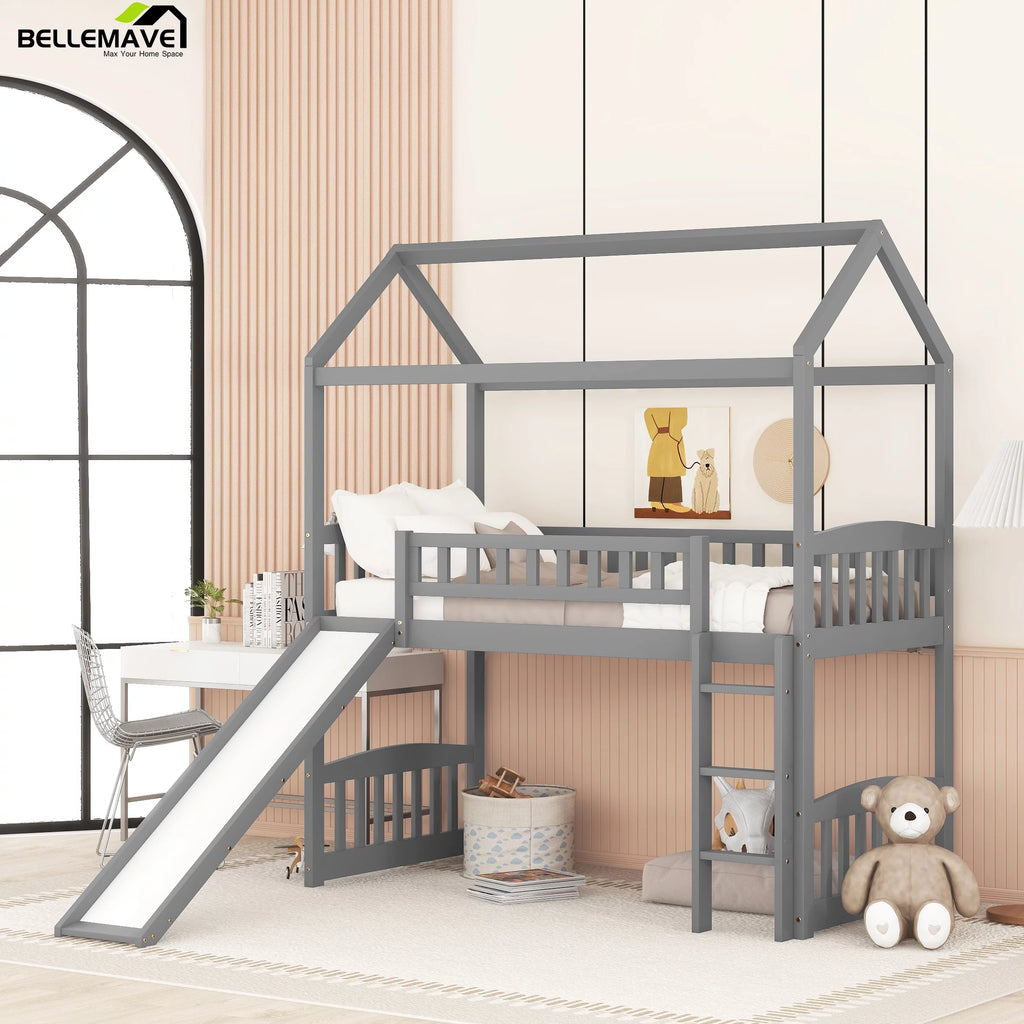 Gray Twin Wood Loft Bed with Slide and Ladder D7418