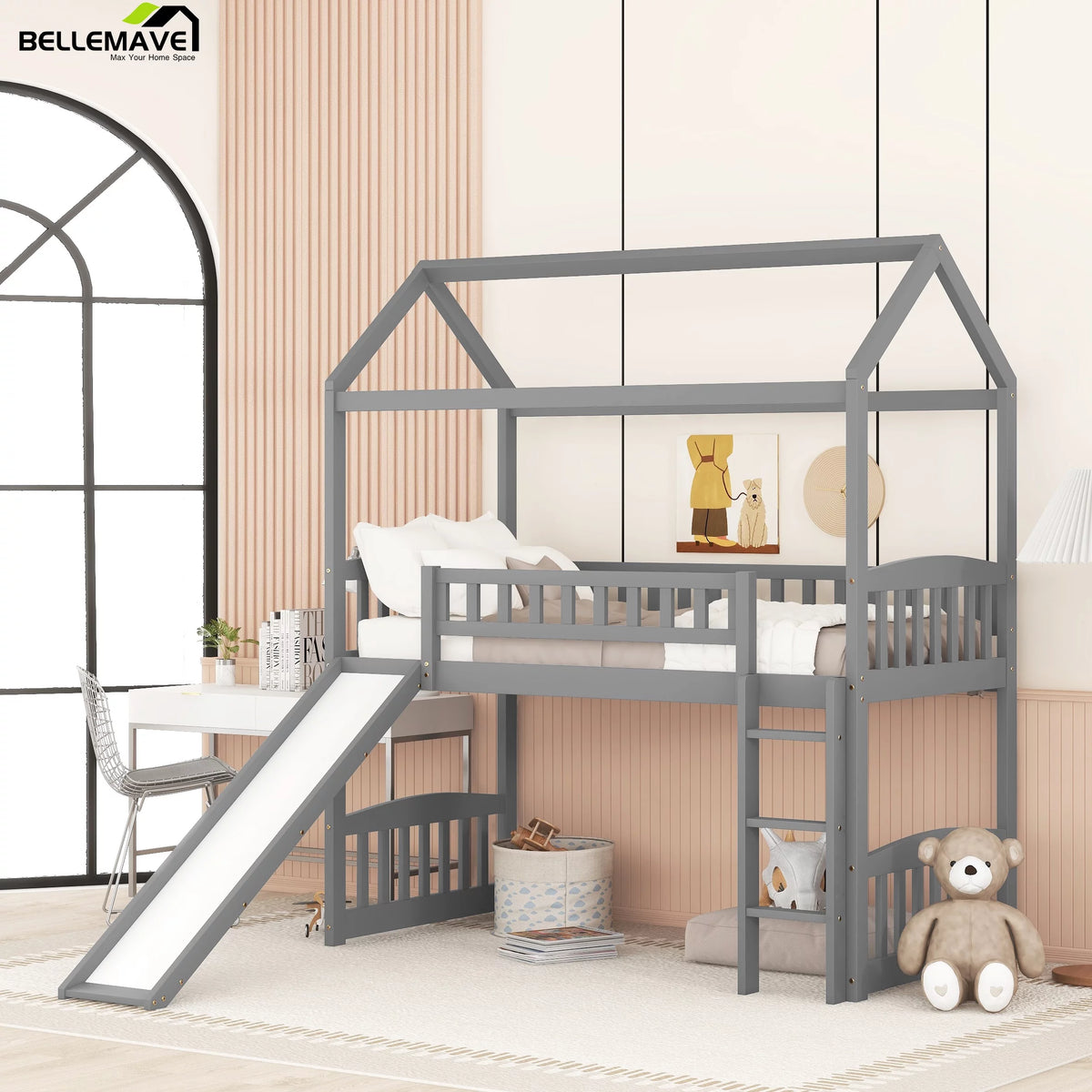 Gray Twin Wood Loft Bed with Slide and Ladder D7418