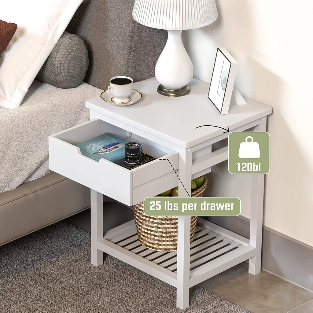 White Bamboo Nightstand with Drawer and Open Shelf H76431