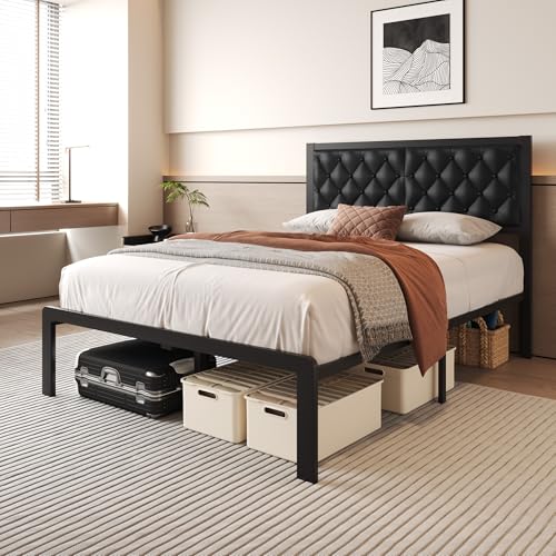 Queen Bed Frame with Headboard PU Leather Upholstered Platform Bed Frame with Storage Space Black N702741