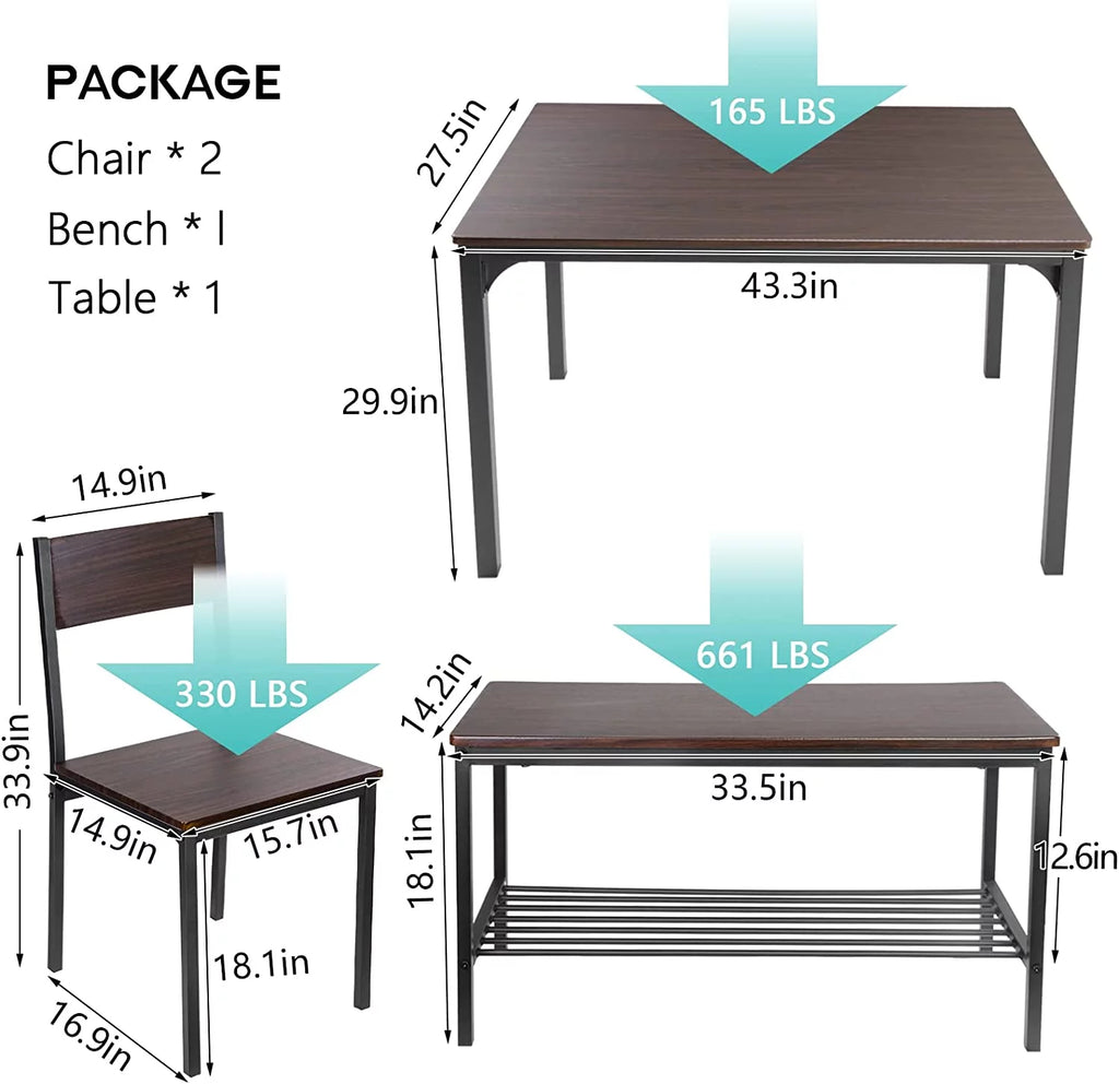 4 Person Dining Table Set with 2 Chairs and 1 Bench J814