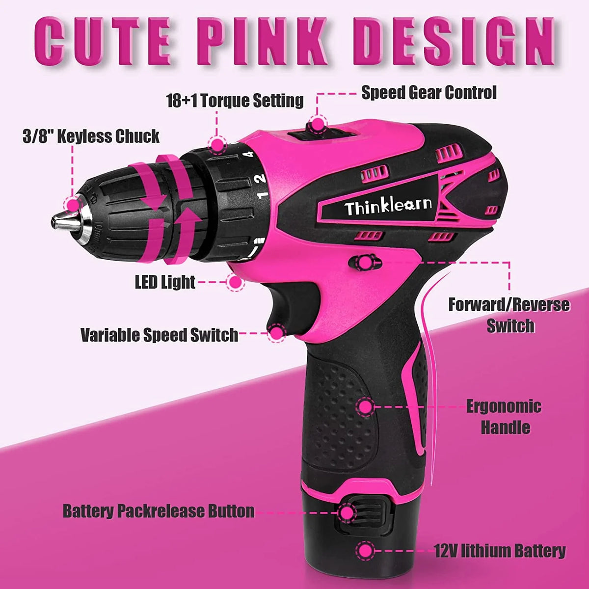 Pink 137 Piece Cordless Drill and Tool Set J78296