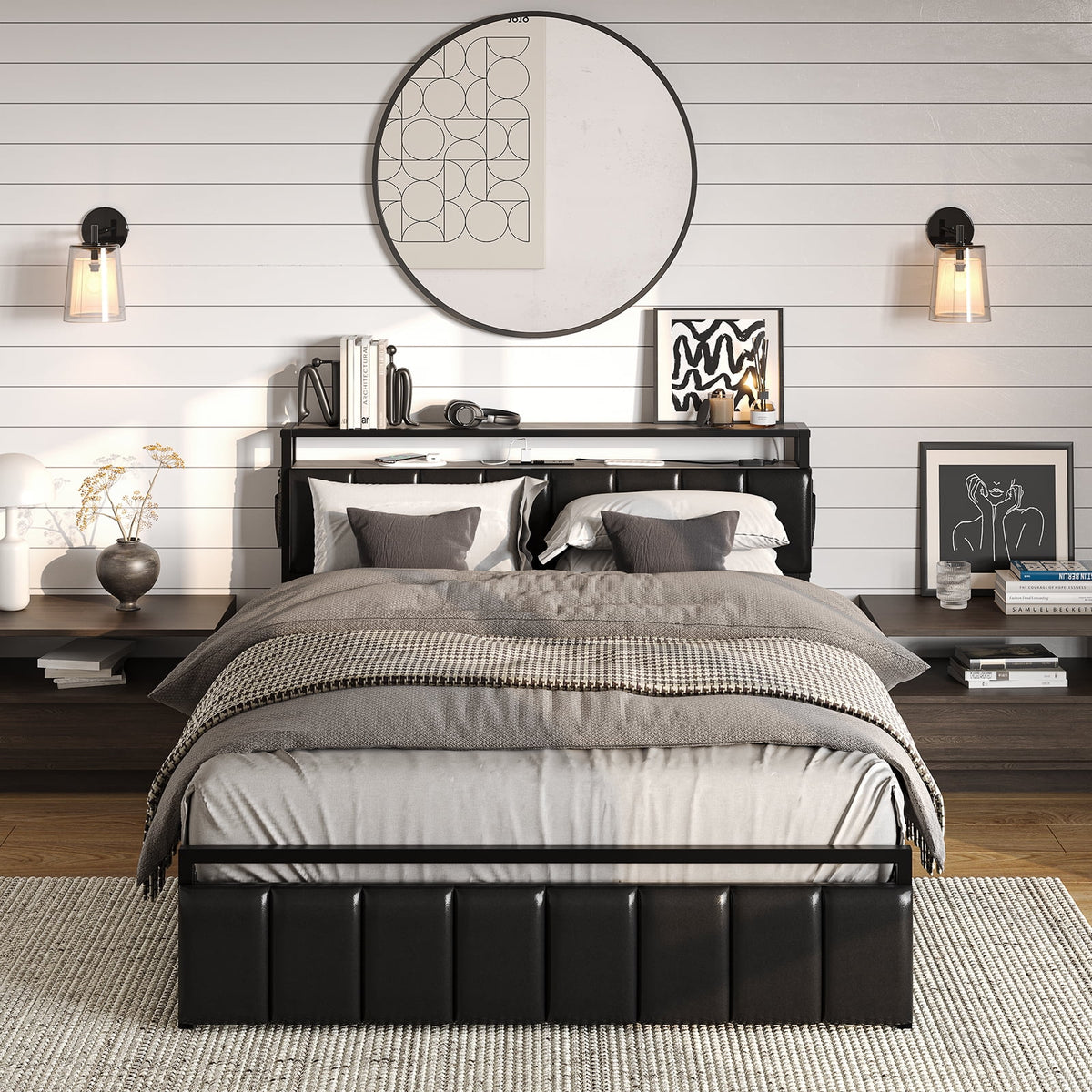 Queen Size Platform Bed Frame with Storage Headboard and 2 Drawers I62518