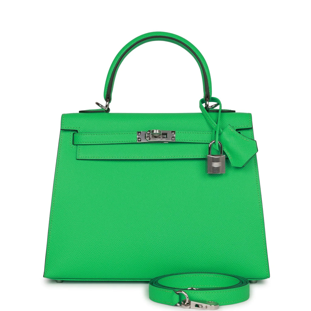 Kelly 25 Vert Comics Epsom Palladium Hardware Handbag E2720