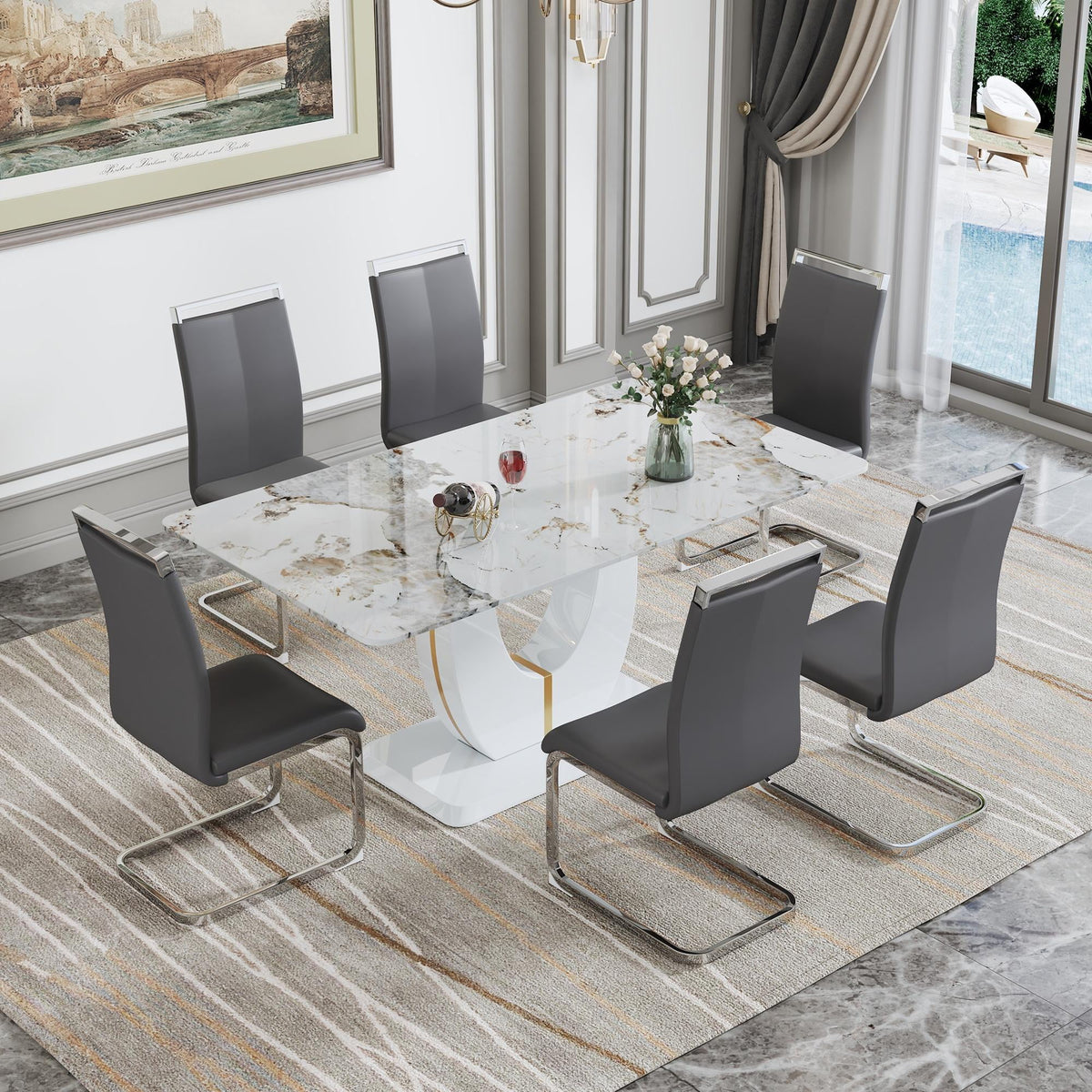 Grey 7 Piece Faux Marble Dining Table Set E502452
