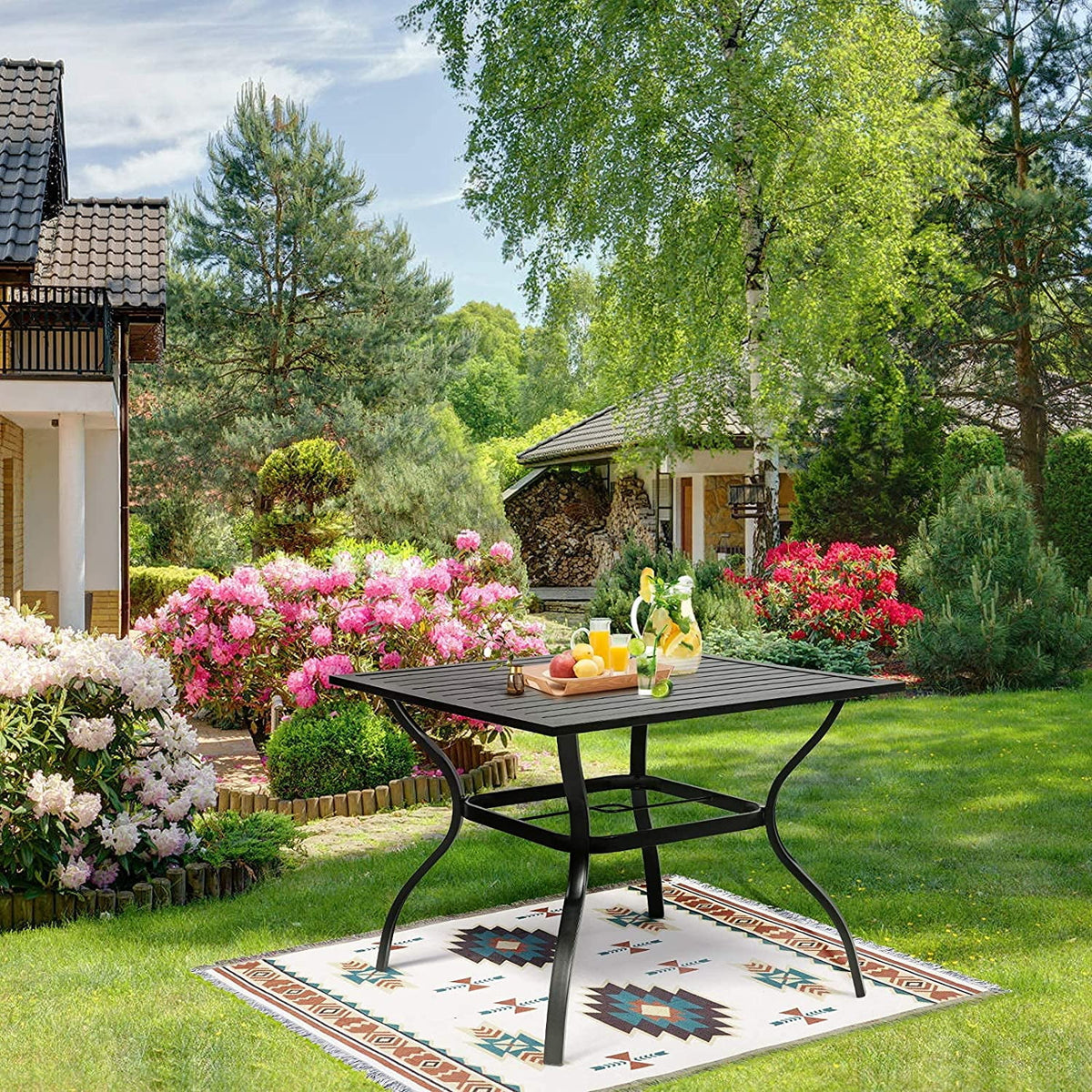 37 Outdoor Patio Square Metal Dining Table with Umbrella Hole, Black Y16115