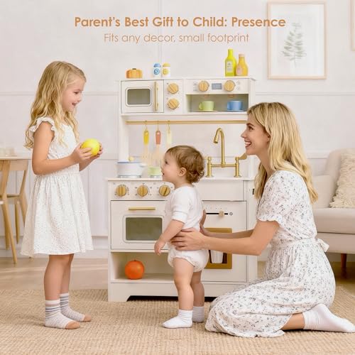 White Wooden Play Kitchen Set with Sink, Stove, Oven & Microwave M358