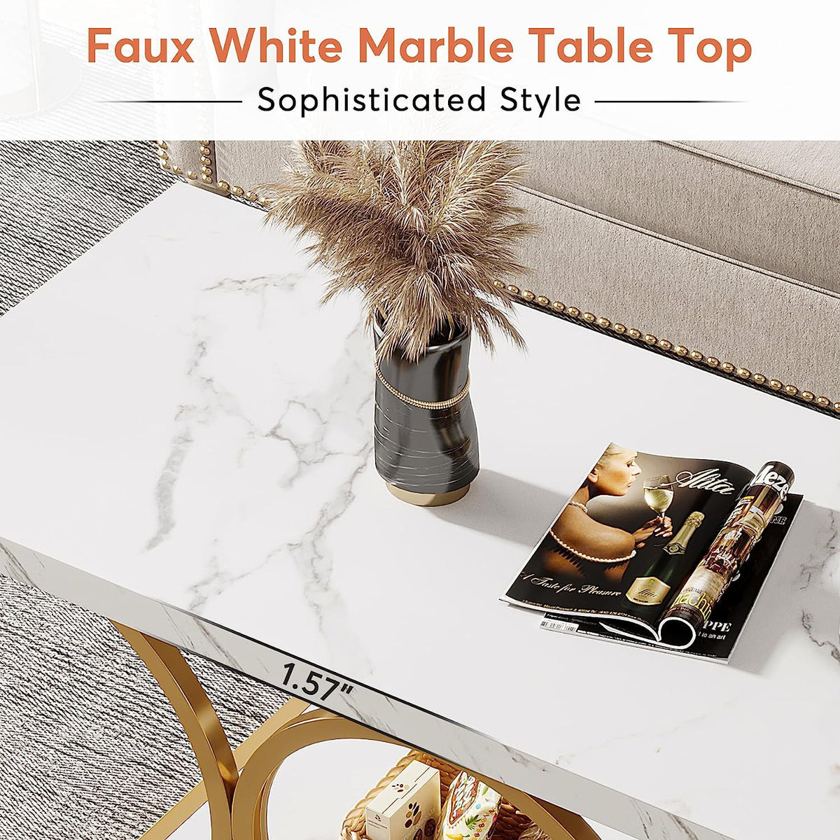 2-Tier Faux Marble Wood Coffee Table with Storage Shelf W84570