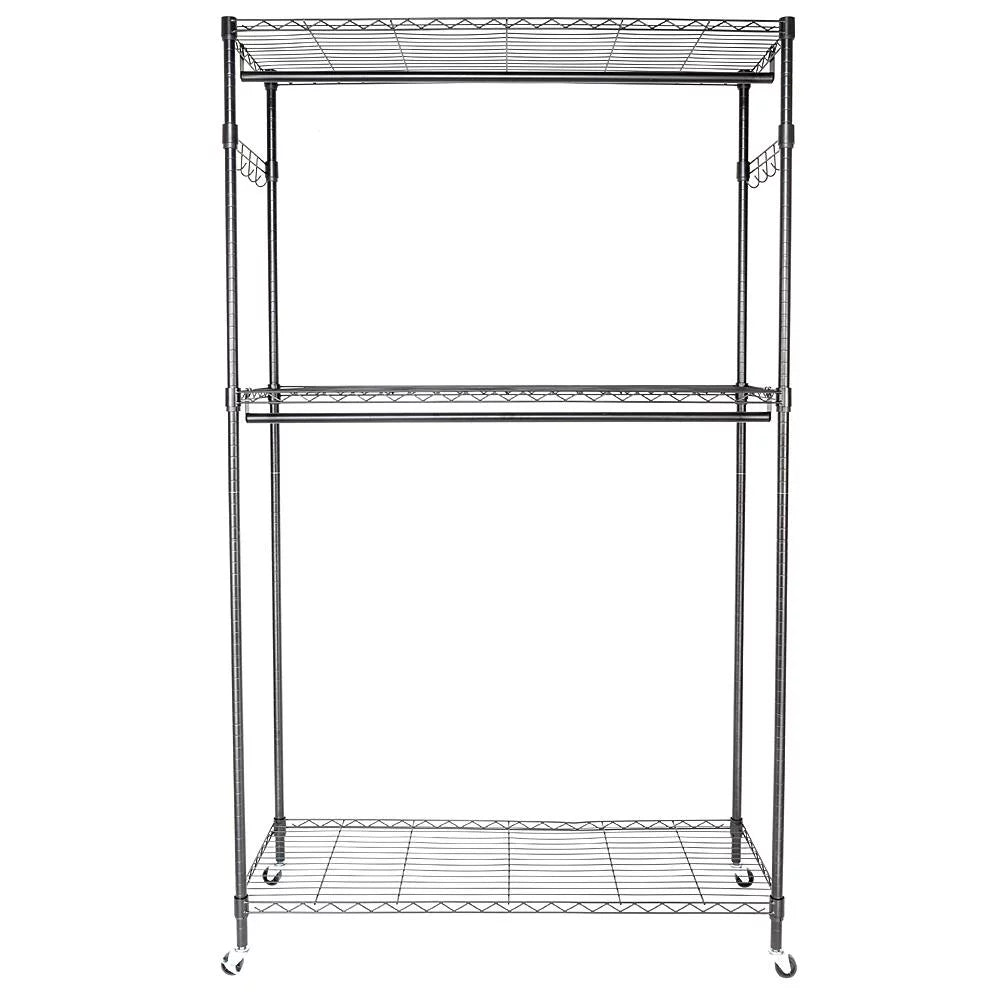 Black 2-Tier Rolling Garment Rack with Double Clothes Rod J91773