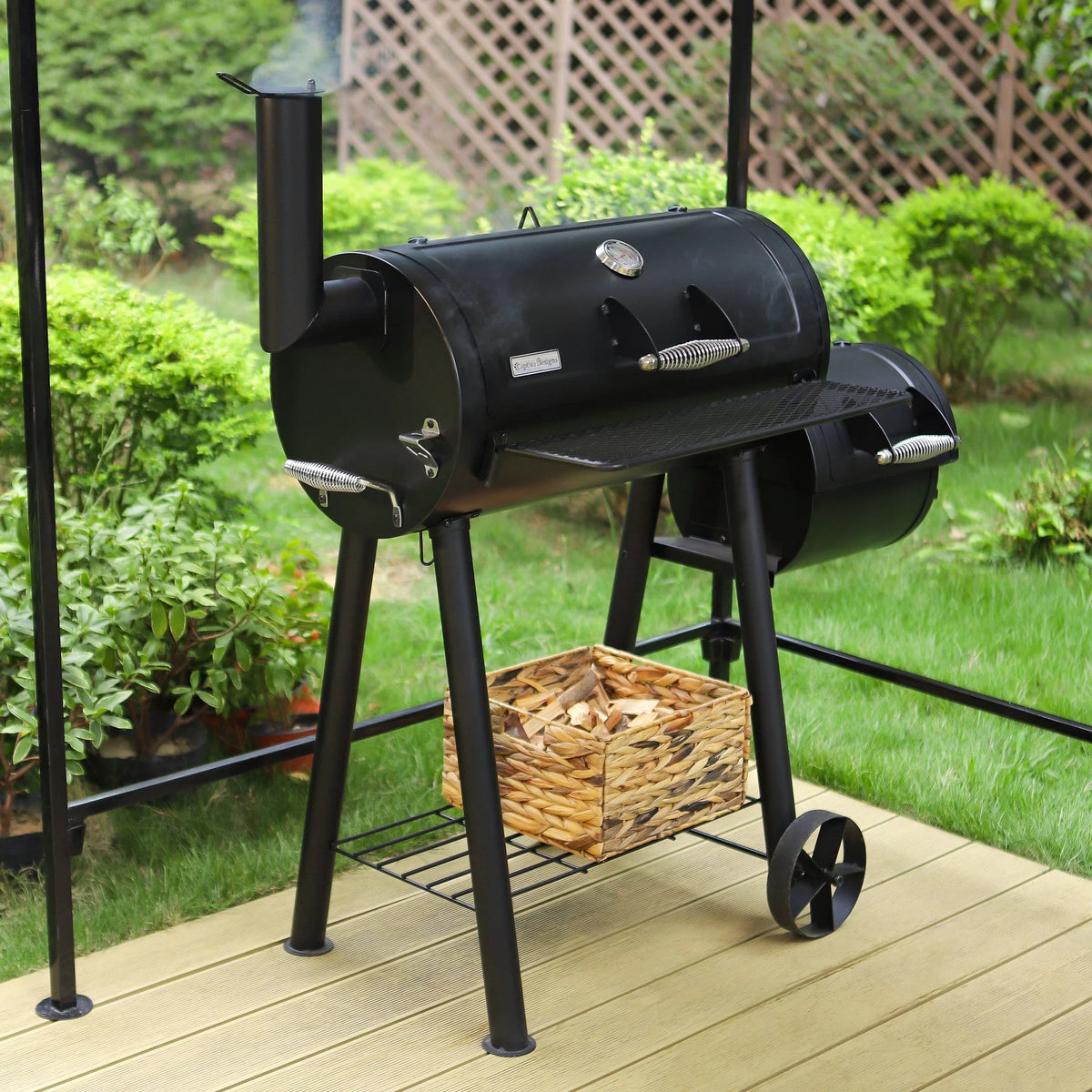 Steel BBQ Charcoal Grill with Offset Smoker in Black E8973