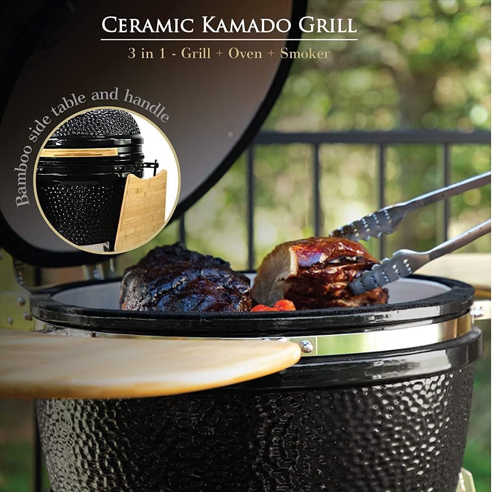 21” Large Ceramic Kamado Grill Cooker Oven Smoker with Trolley F150992