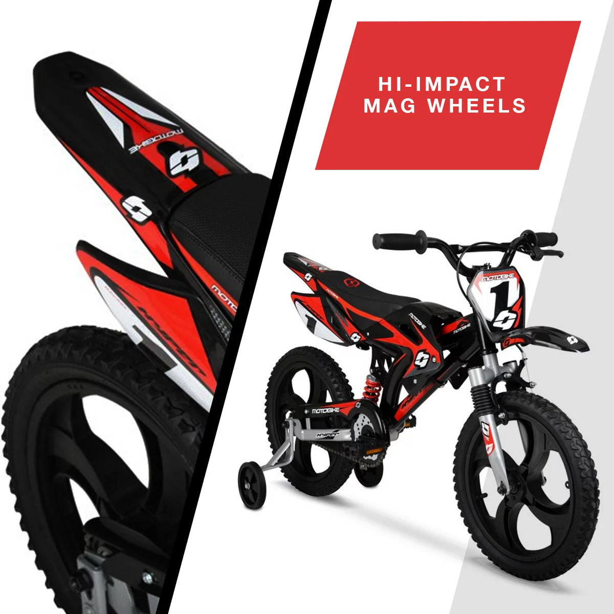 16 Kids Moto Bike with Training Wheels, Black/Red F681