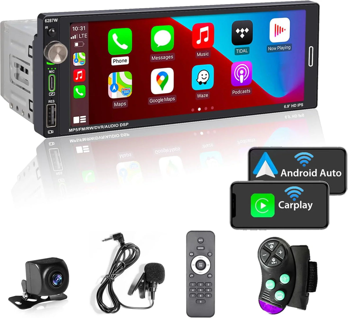 Single Din Car Stereo with Apple CarPlay Android Auto 6.9 inch Touchscreen Bluetooth P466