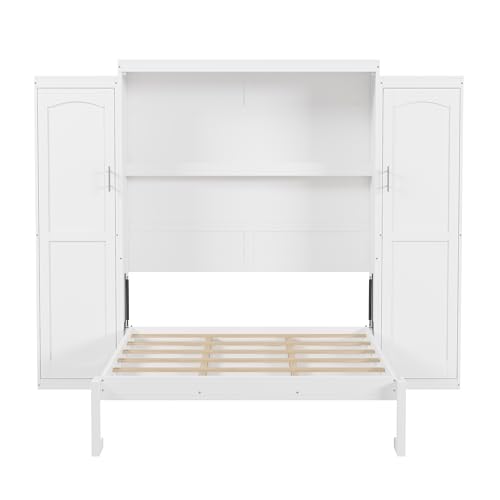 Queen Murphy Bed with 2 Wardrobes and Storage Shelf White Z70358