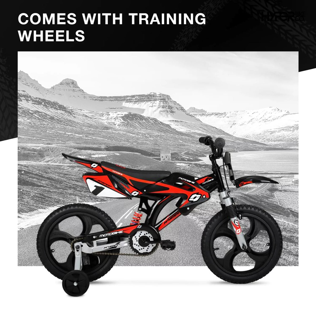 16 Kids Moto Bike with Training Wheels, Black/Red F681