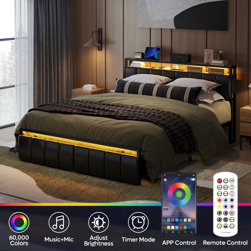 Queen Size Platform Bed Frame with Storage Headboard and 2 Drawers I62518
