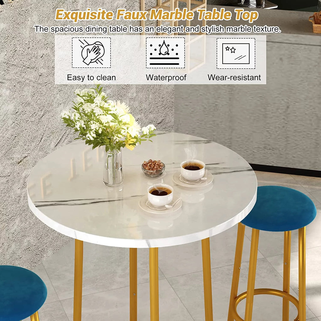 3 Pieces Round Faux Marble Bar Table and Chairs Set W501