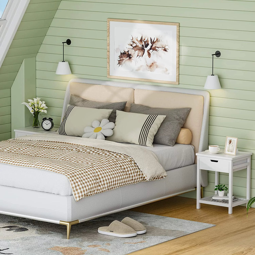 White Bamboo Nightstand with Drawer and Open Shelf H76431