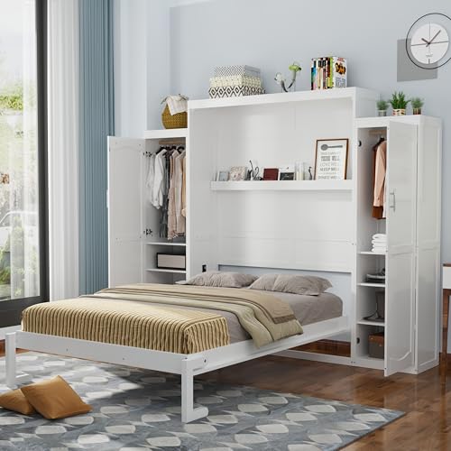 Queen Murphy Bed with 2 Wardrobes and Storage Shelf White Z70358