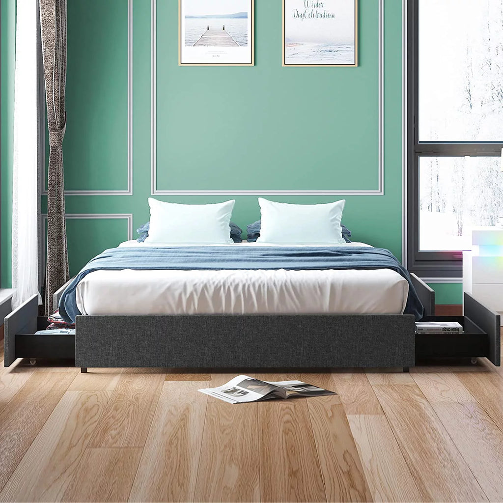 Cal King Size Platform Bed Frame with 4 Storage Drawers Cotton Linen Fabric Dark Grey K5516