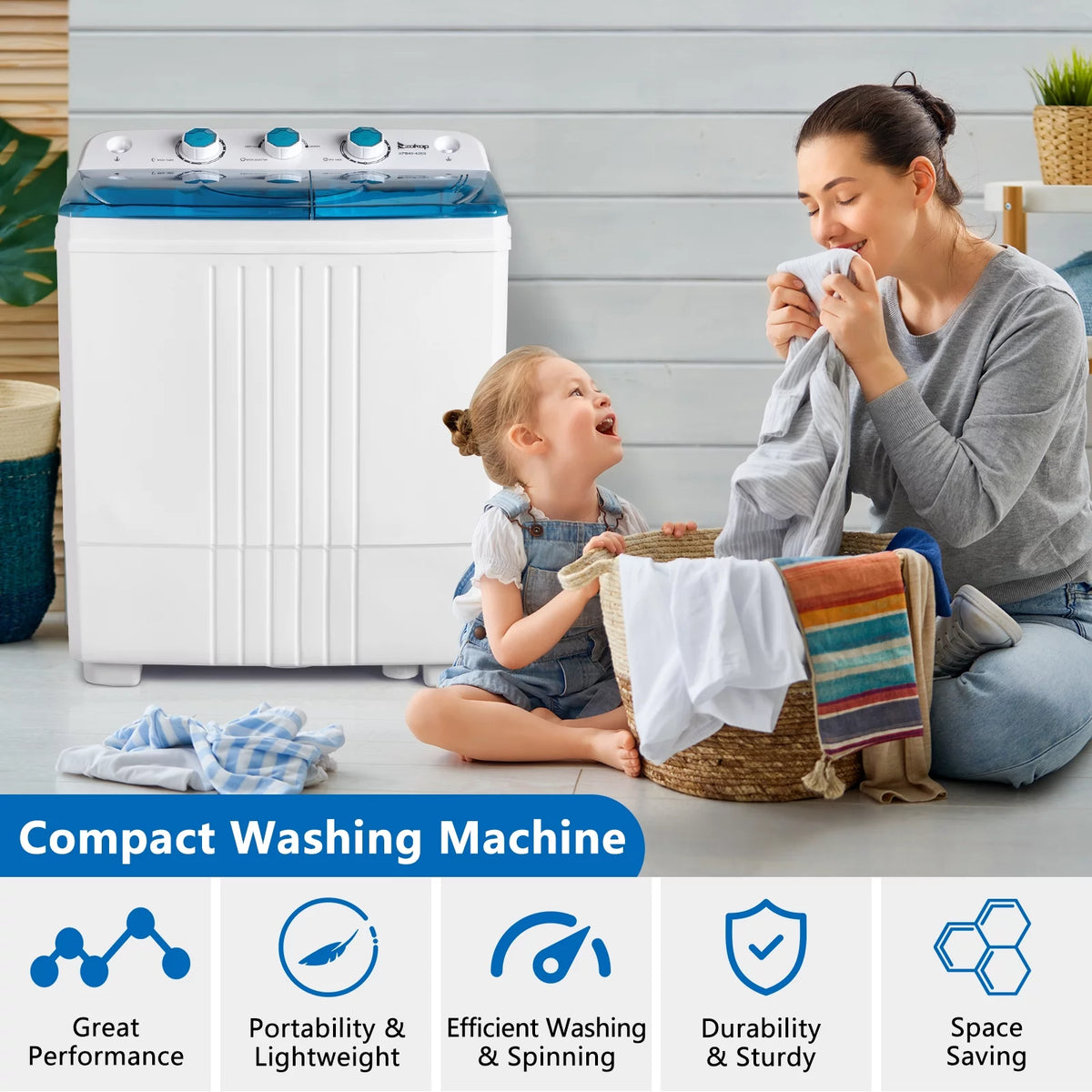 20LBS Portable Compact Twin Tub Washing Machine Washer Dryer, Blue Y7947