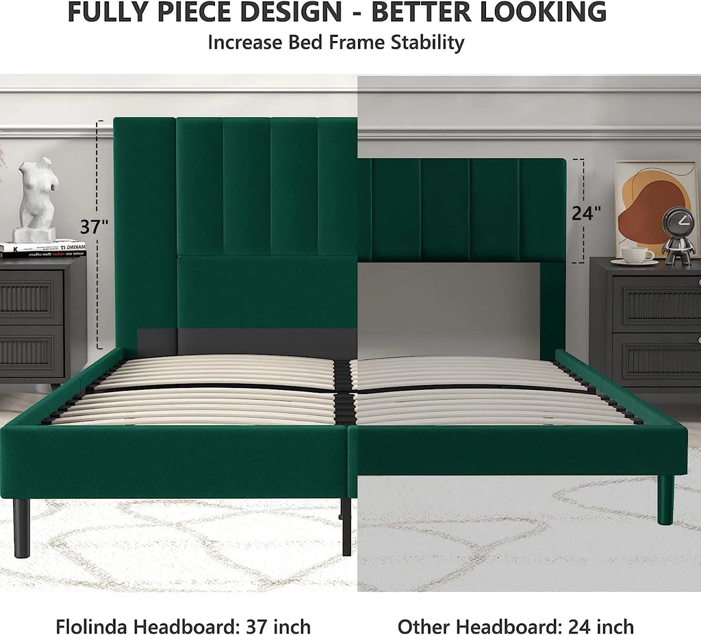 White Upholstered Full Size Bed Frame with High Headboard T47427