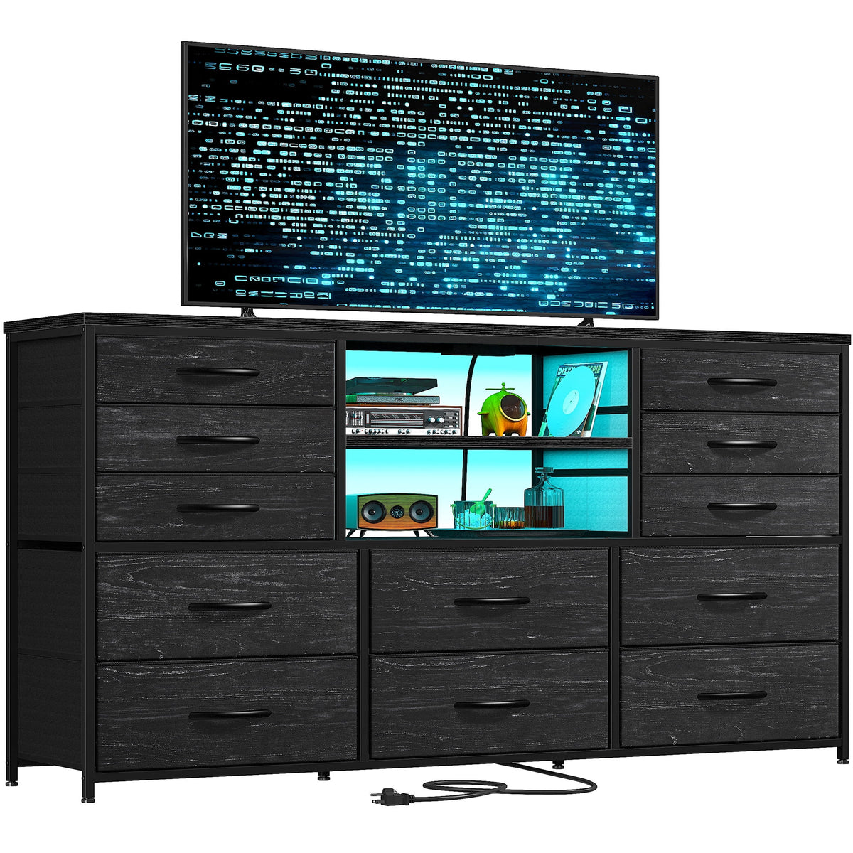 Black TV Stand with 12 Fabric Drawers A681