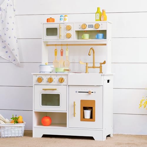 White Wooden Play Kitchen Set with Sink, Stove, Oven & Microwave M358