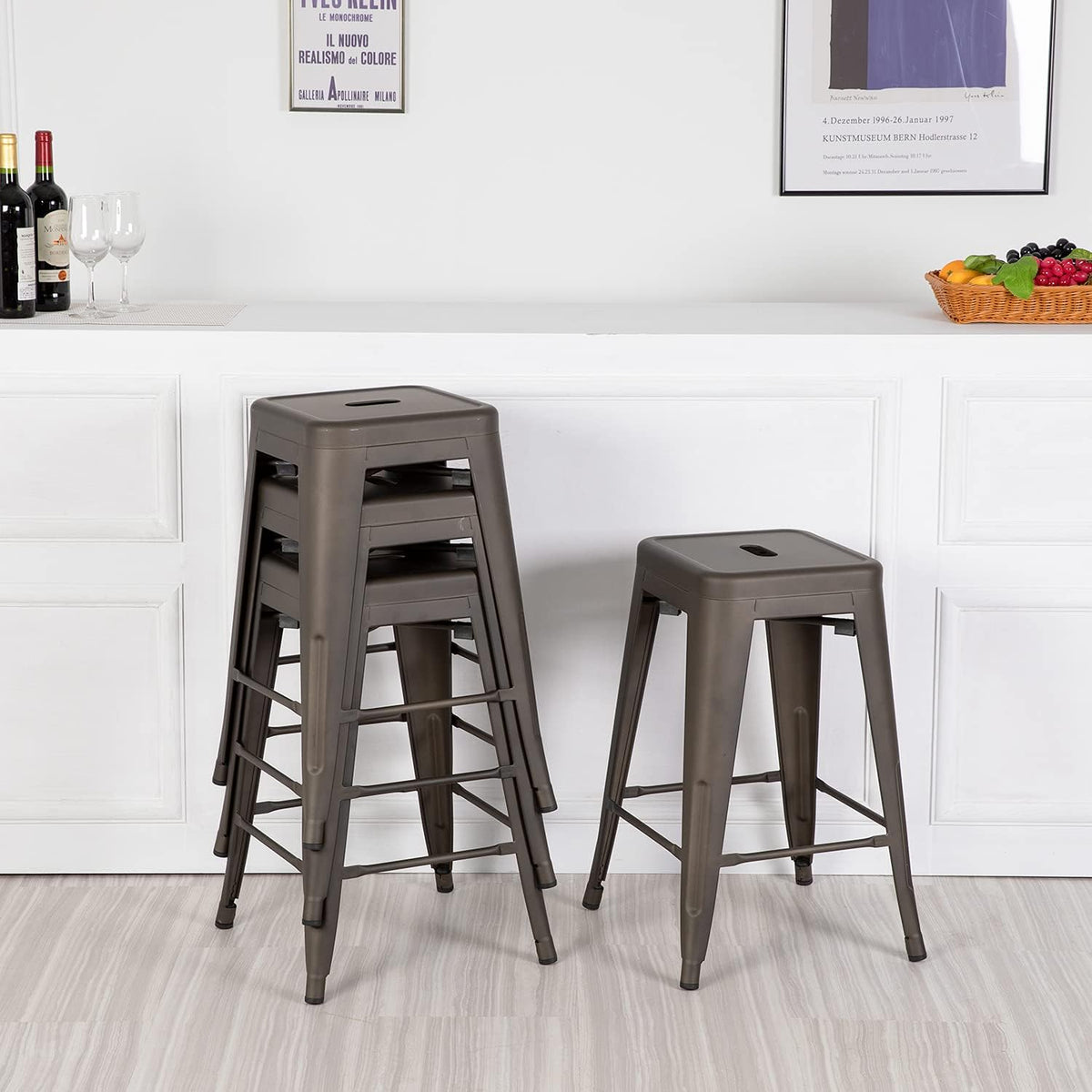 Set of 4 Backless Stackable Metal Bar Stools 24 Inches R5456