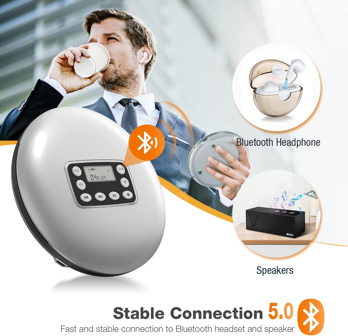 Portable CD Player with Bluetooth and Stereo Headphone U3675