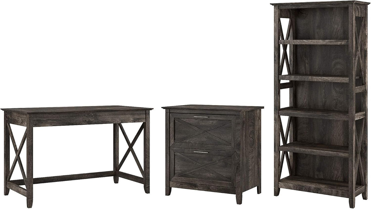 Reclaimed Pine Writing Desk with File Cabinet and Bookcase F278307